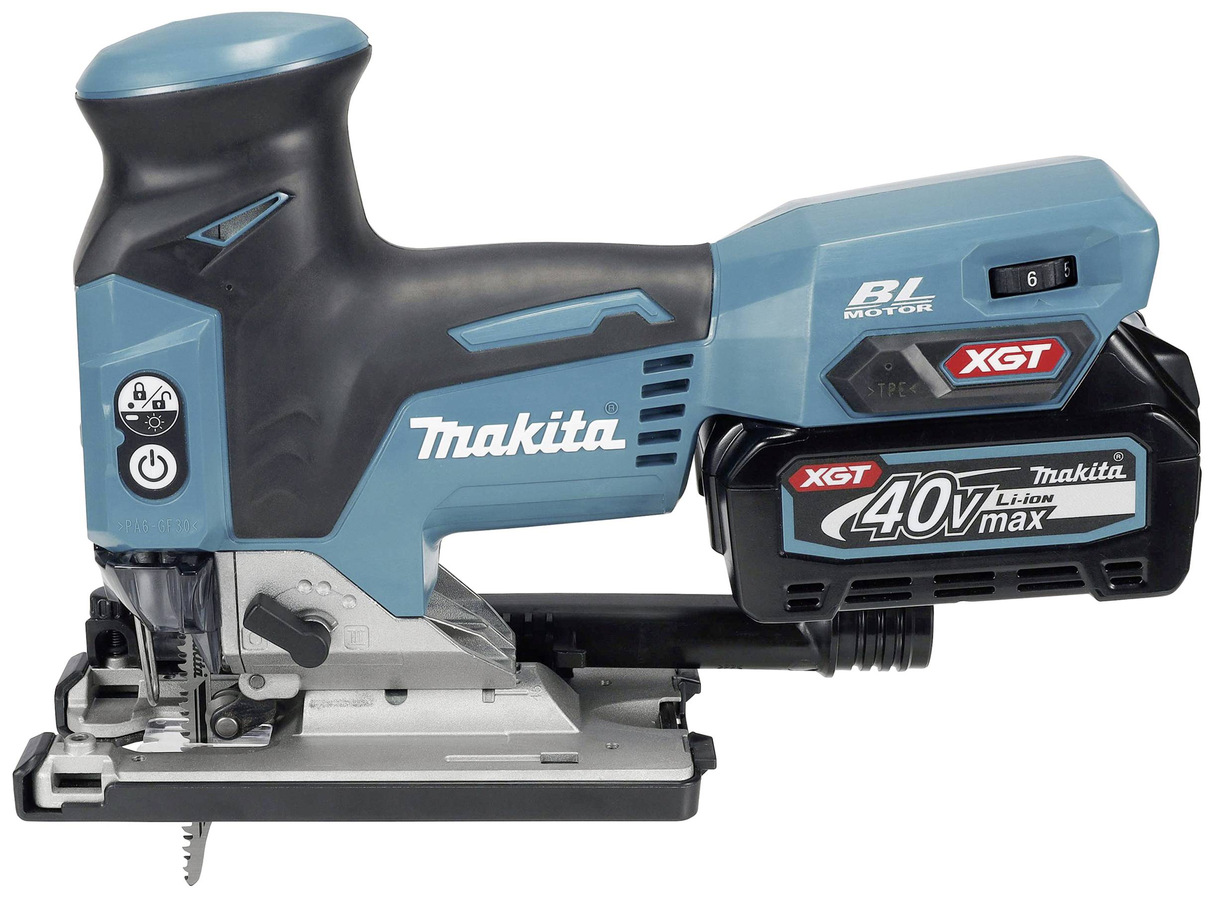 Makita sladdlös sticksåg i blått och svart, modell 'XGT 40V max', för kraftfull och sladdlös träbearbetning.