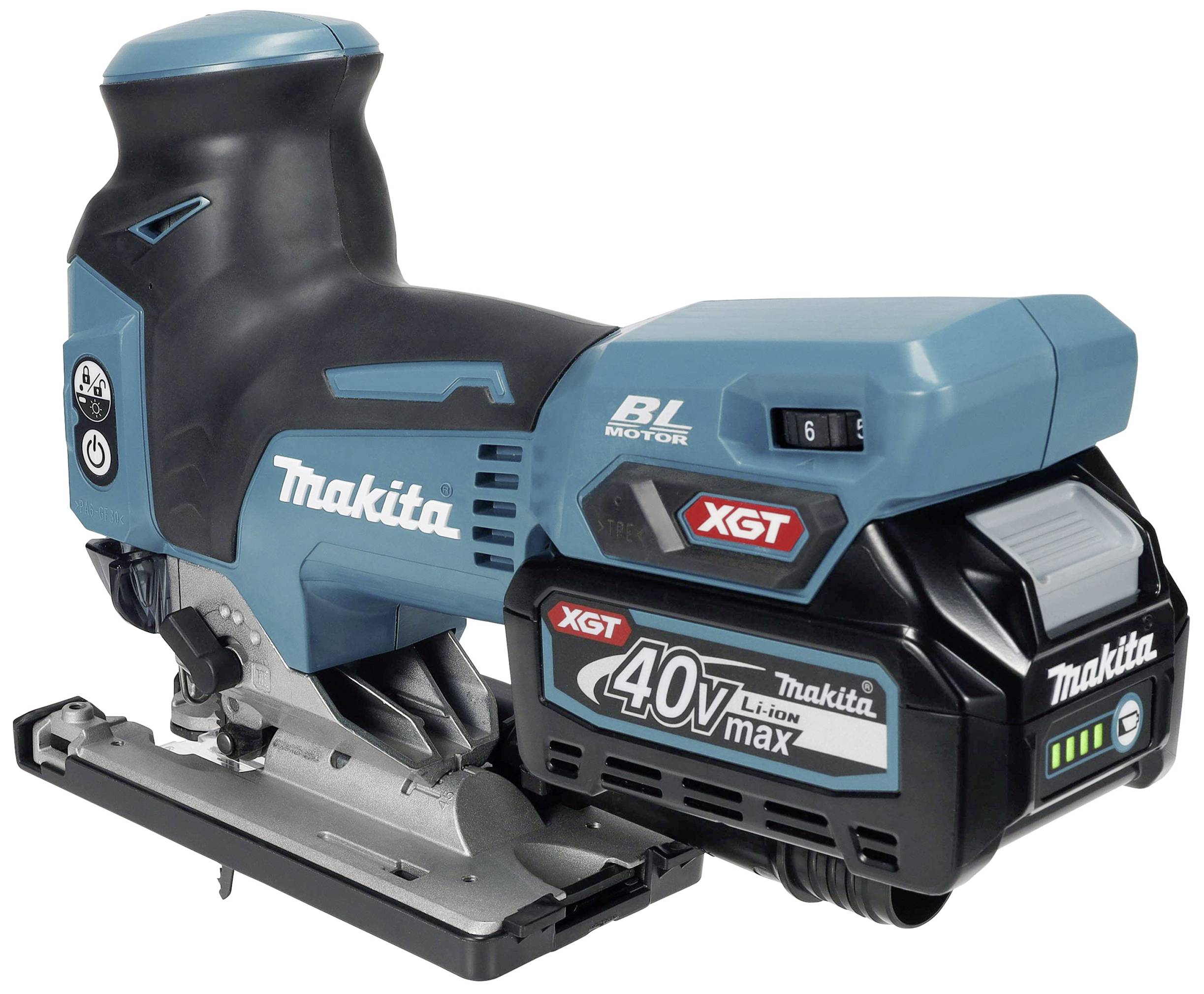 Sladdlös sticksåg i blått och svart med Makita-logotyp, 40V XGT Li-Ion batterisystem, lämplig för precisionskapning.