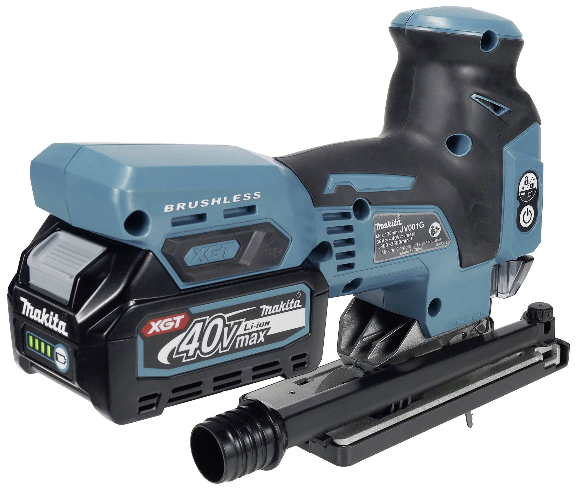 Makita sticksåg med XGT 40V batteri, sladdlös, med borstlös motor, blå-svart. Liggande på en vit yta.