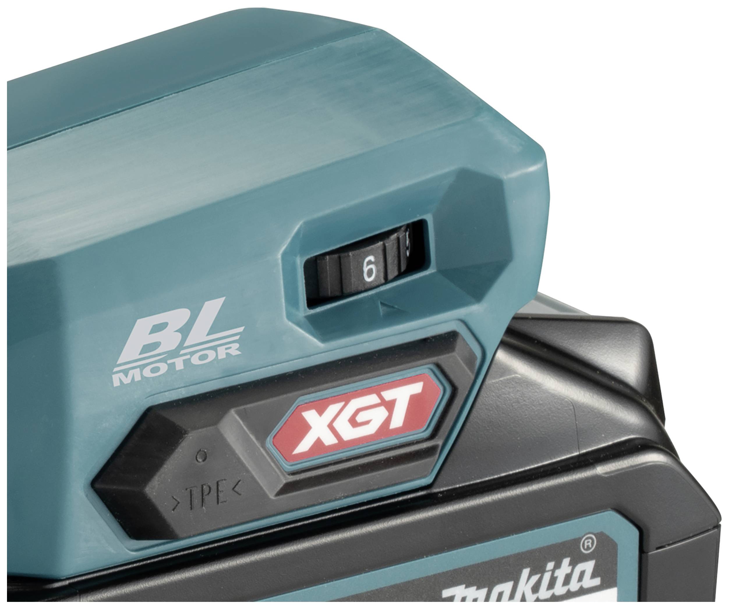 Ett utsnitt av ett batteriverktyg, visar en grön enhet med påskriften 'BL MOTOR' och 'XGT', samt en vridreglage inställd på '6'.