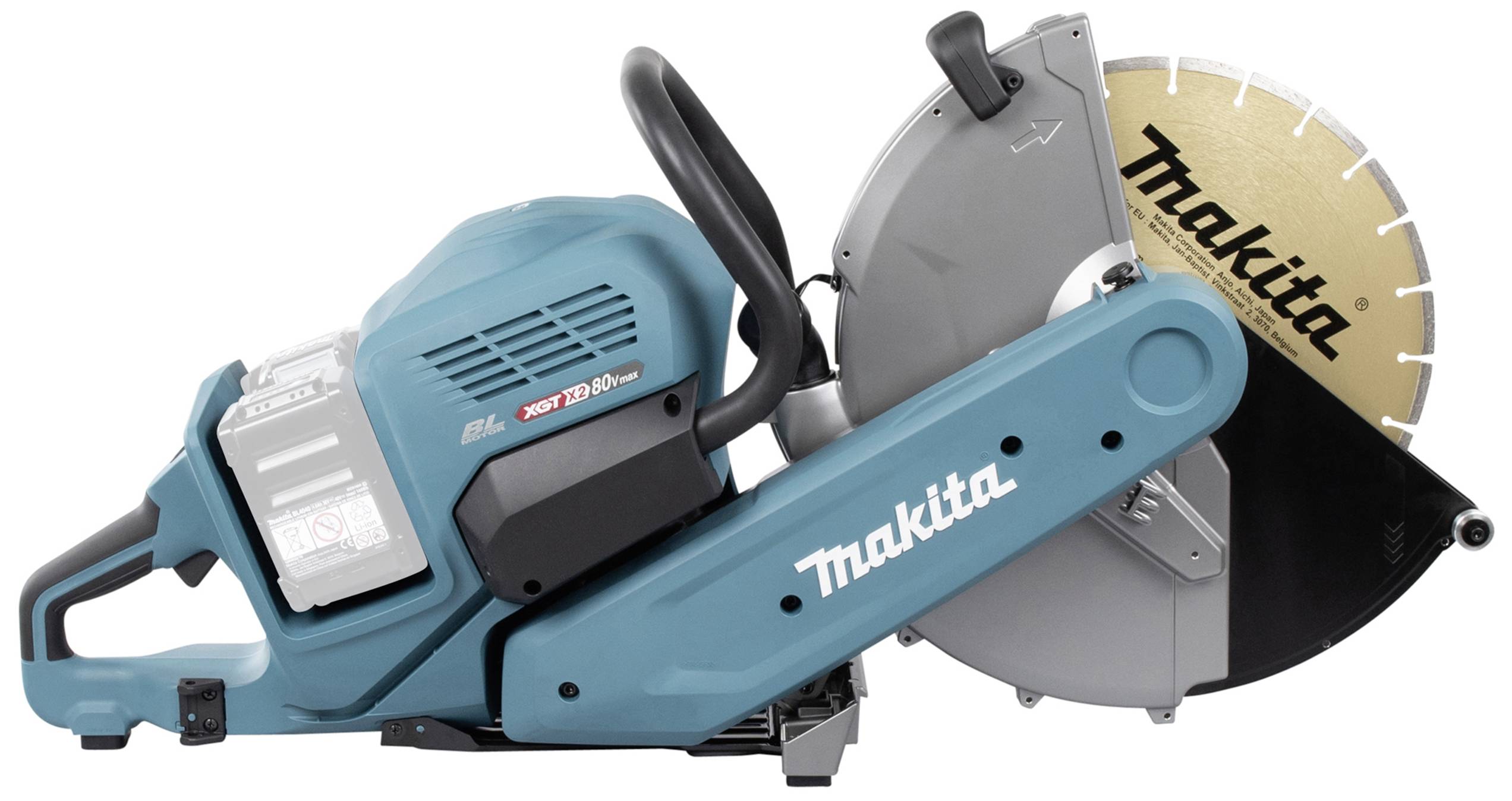 Makita cirkulärsåg i blått hölje med rund sågklinga, avsedd för tunga skärningsarbeten.