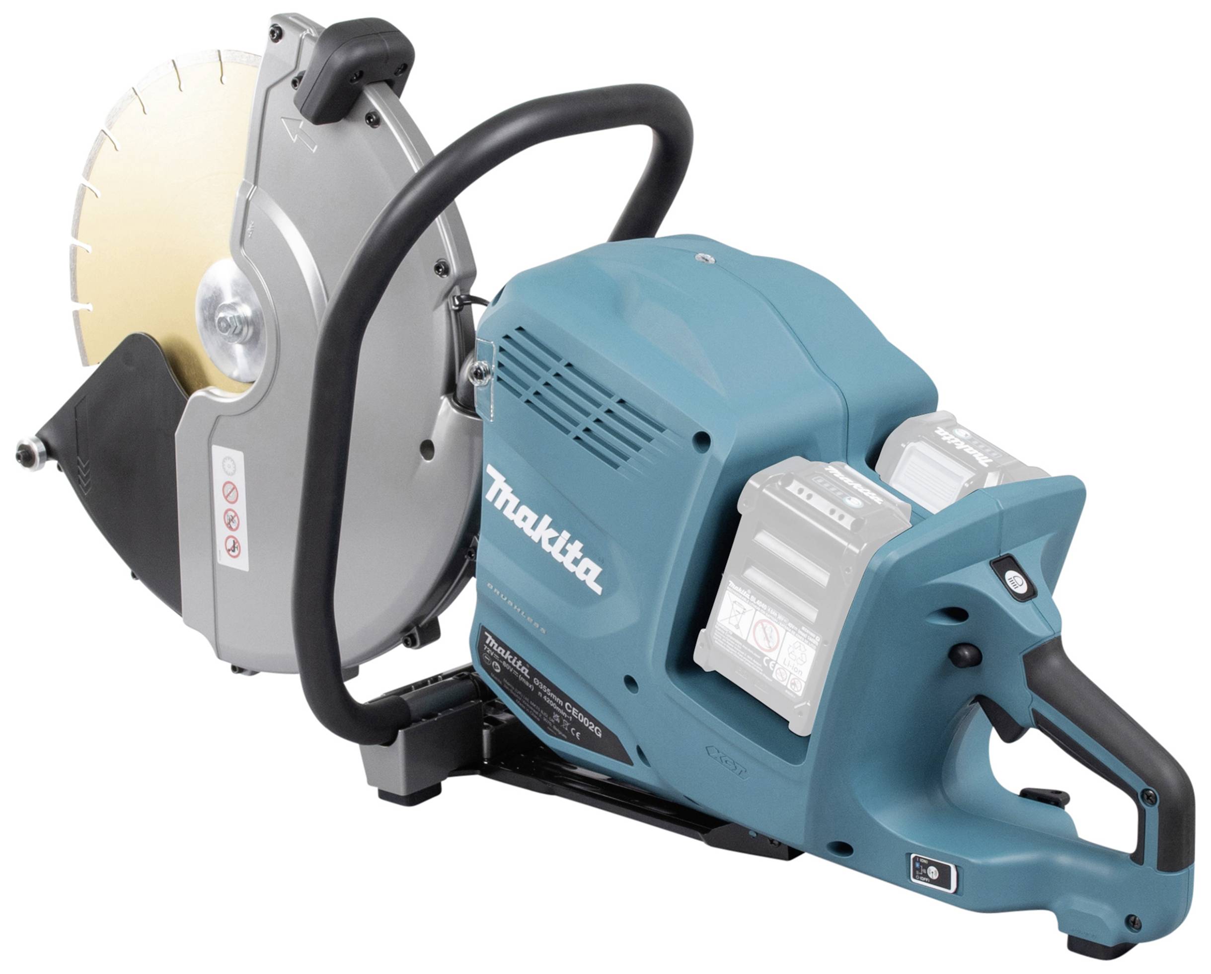 En blå elektrisk tigersåg från Makita med ett stort, runt sågblad, sidohandtag och batterianslutning.