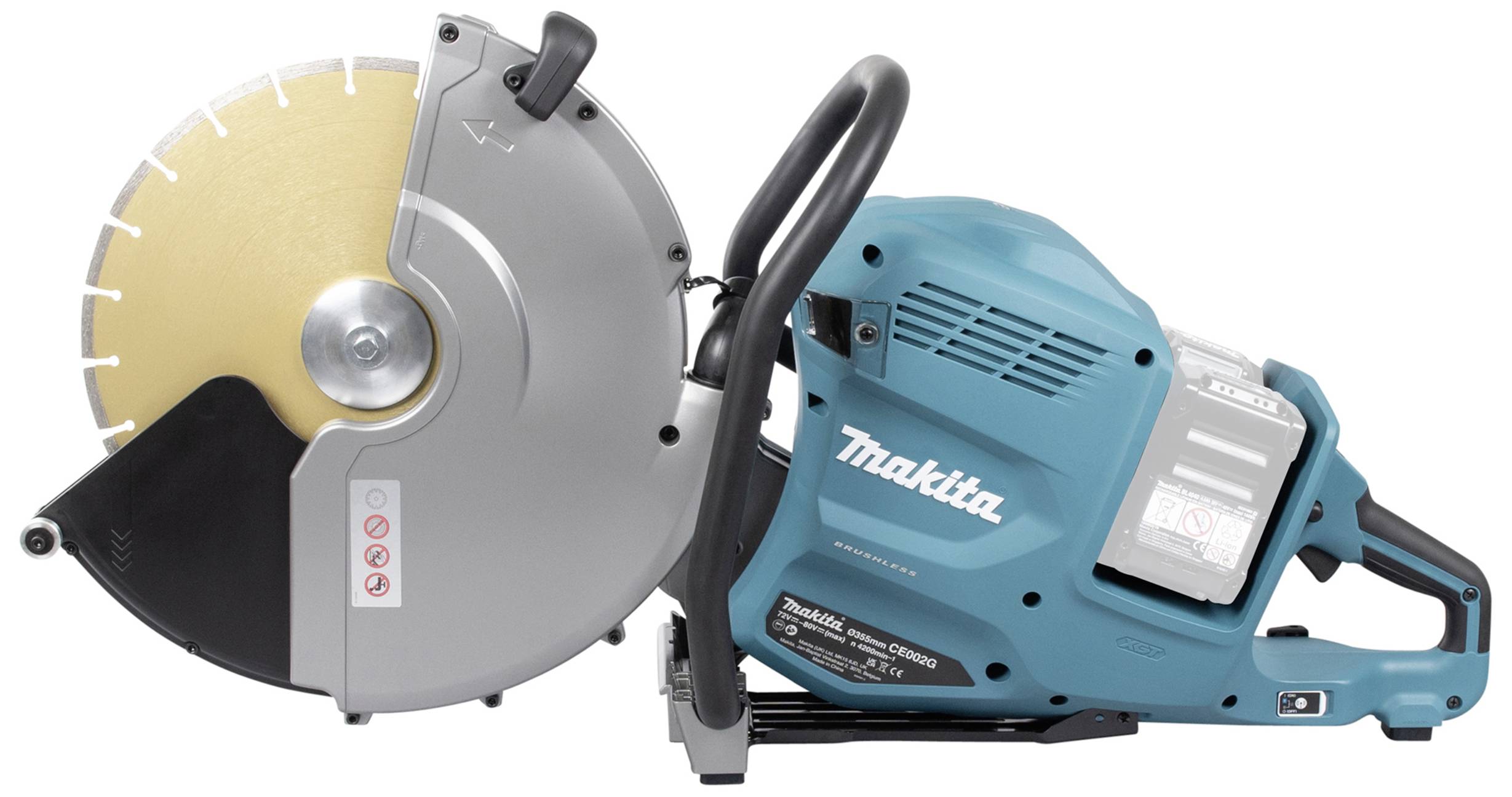 Batteridriven Makita-kapmaskin med blått hölje och silverfärgat skärblad, sedd från sidan. Verktyg för byggnadsarbeten.