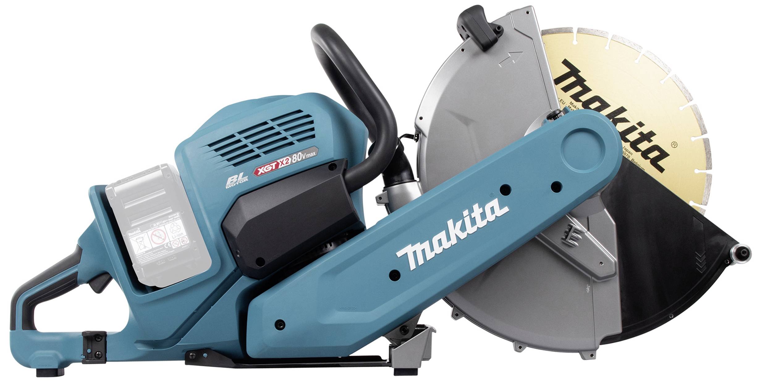 Handledd blå kapmaskinen med 'Makita'-logotyp på höljet och på det stora, cirkelformade bladet.