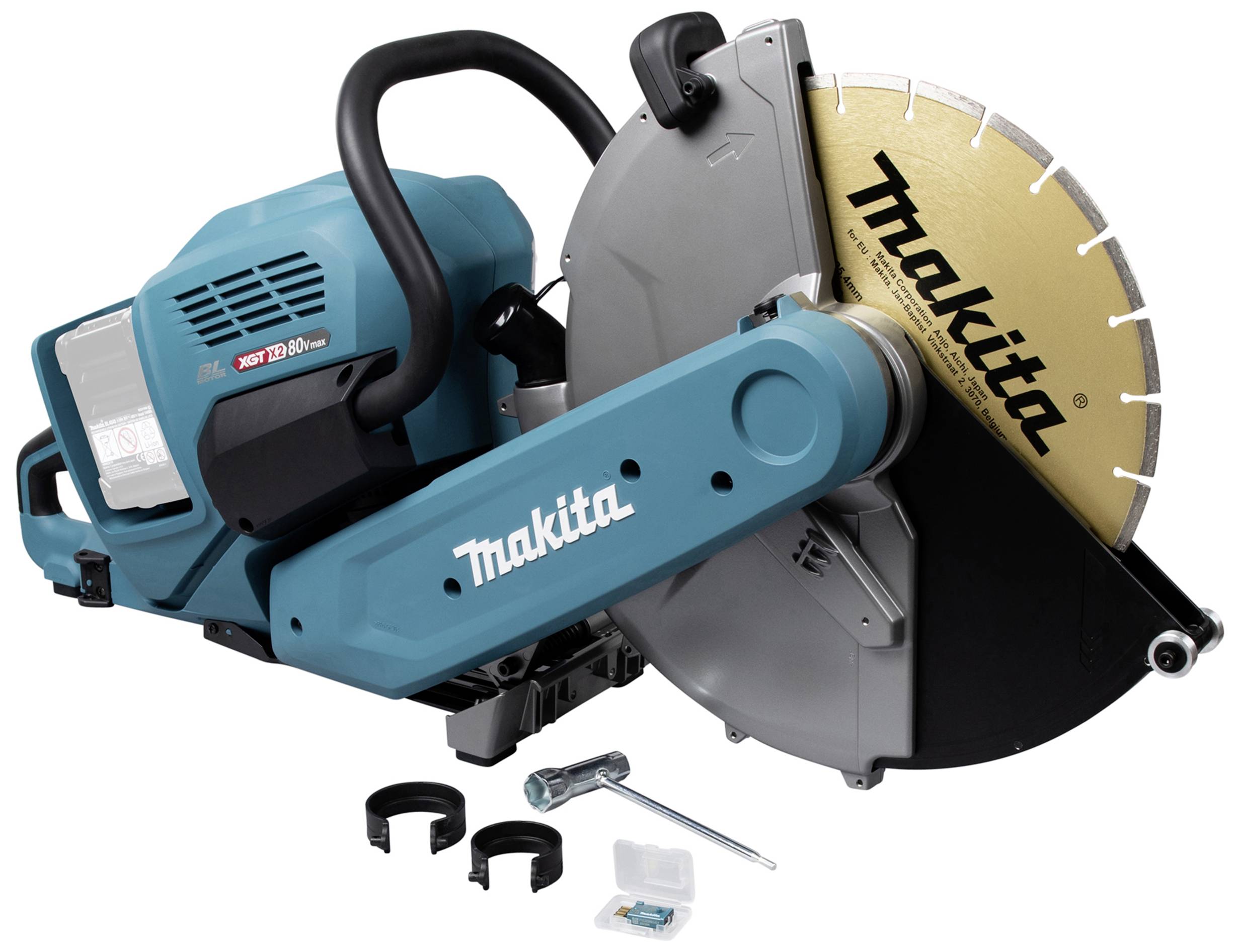 En blå-svart Makita vinkelslip med guldblad, tillbehör och verktyg.