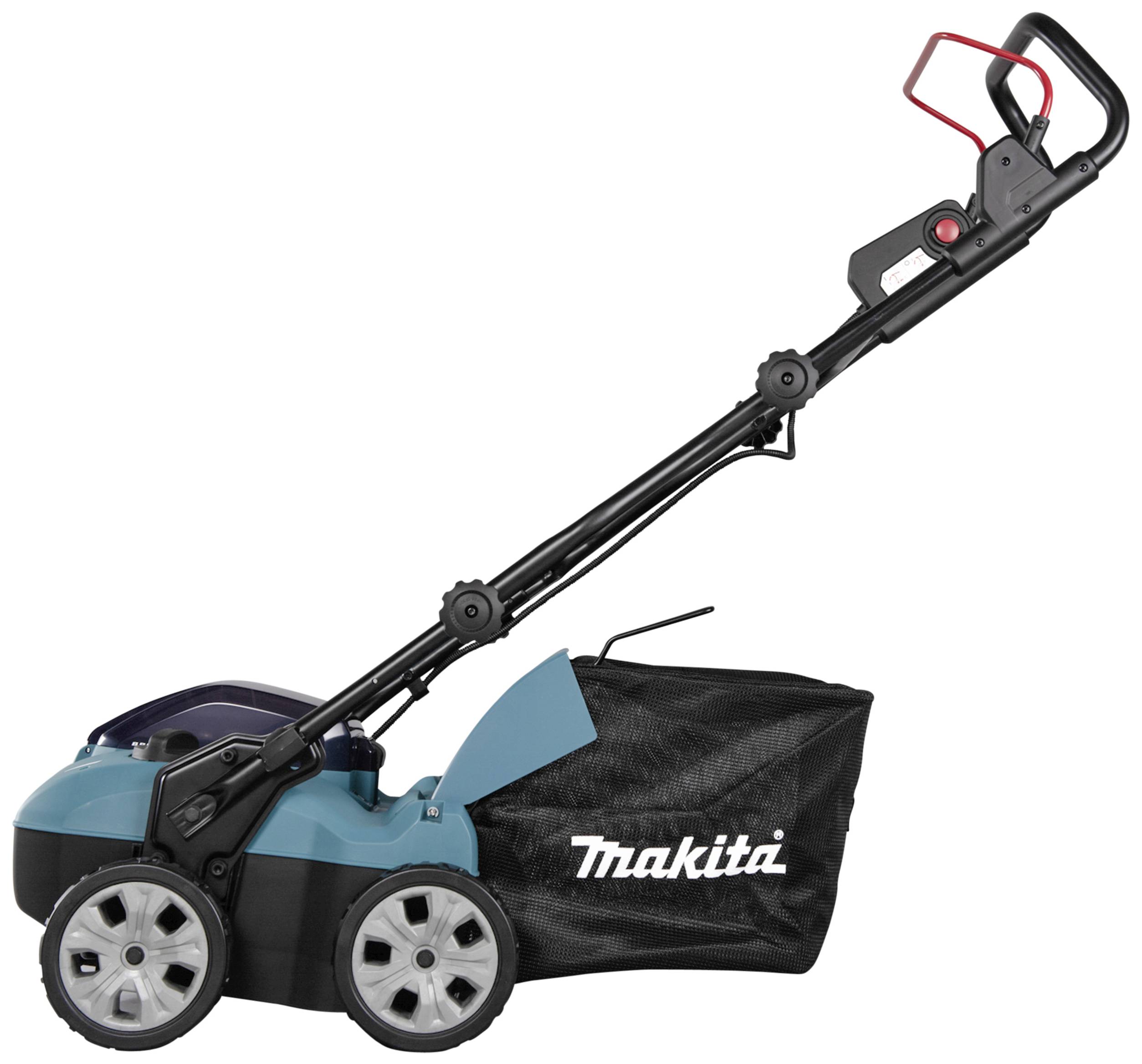 En blå elektrisk gräsklippare med fyra hjul och en svart uppsamlingskorg, handtag i ergonomisk form, lämplig för medelstora trädgårdar.