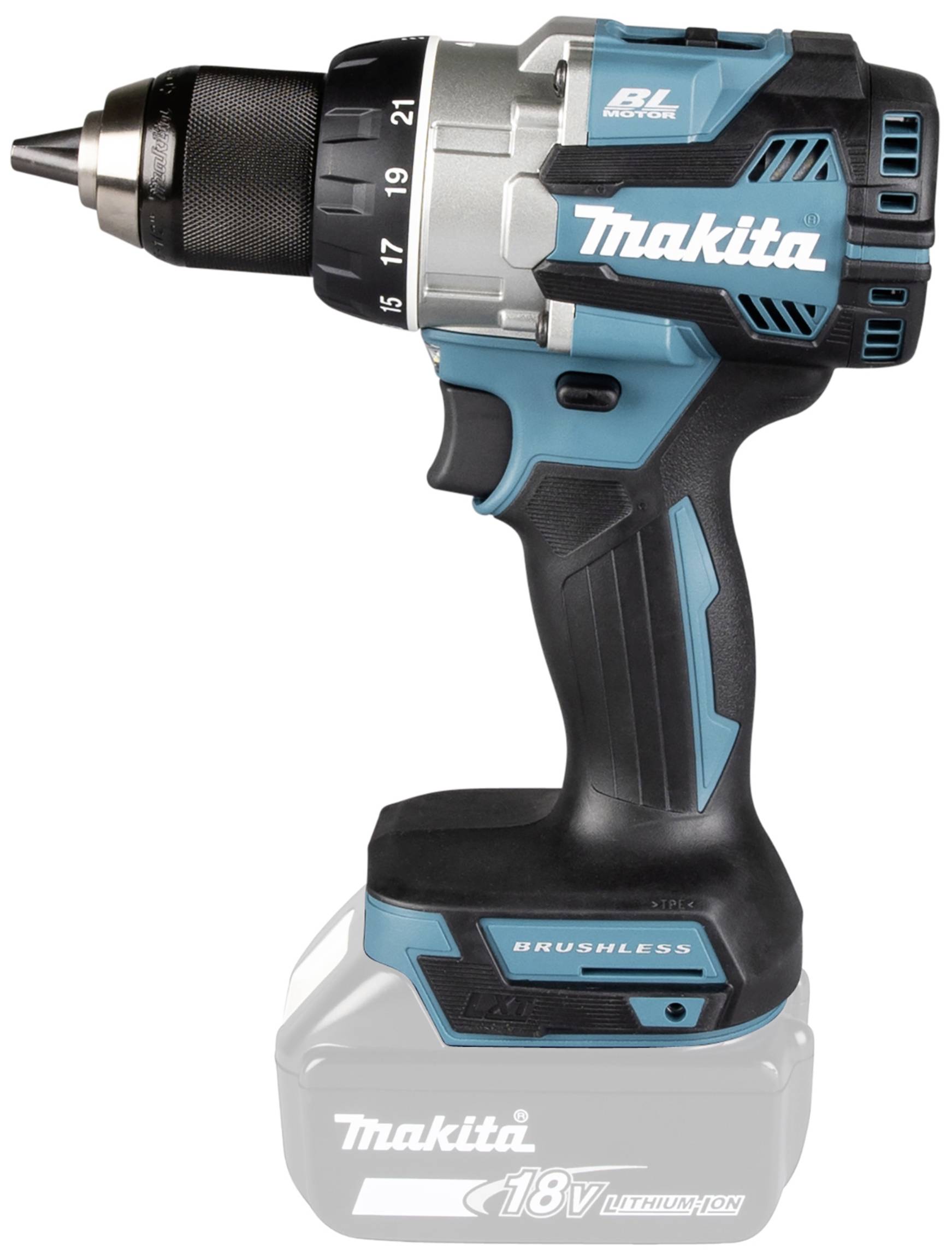 En sladdlös, borstlös ackumulatordriven skruvdragare från Makita med 18V litiumjonbatteri, i svart och turkos design. Perfekt för DIY-entusiaster.