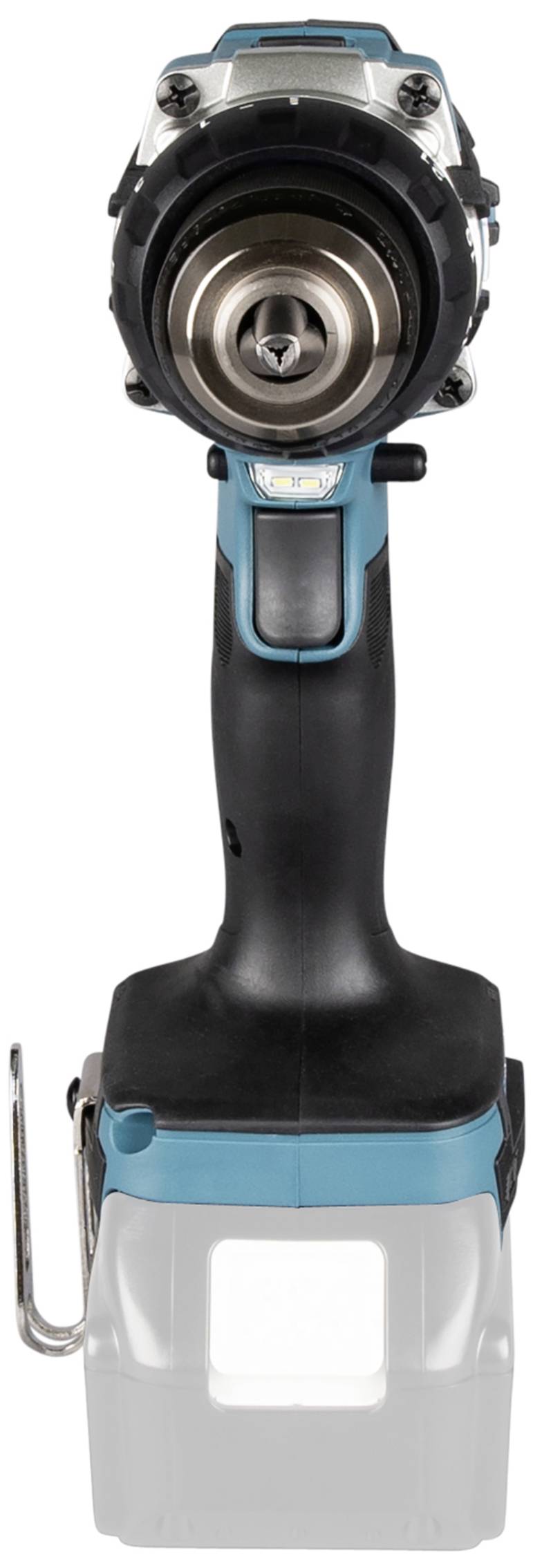 Sladdlös borrmaskin sedd framifrån i blått och svart. Tydlig vy av borrhuvudet och den ergonomiska handtaget.