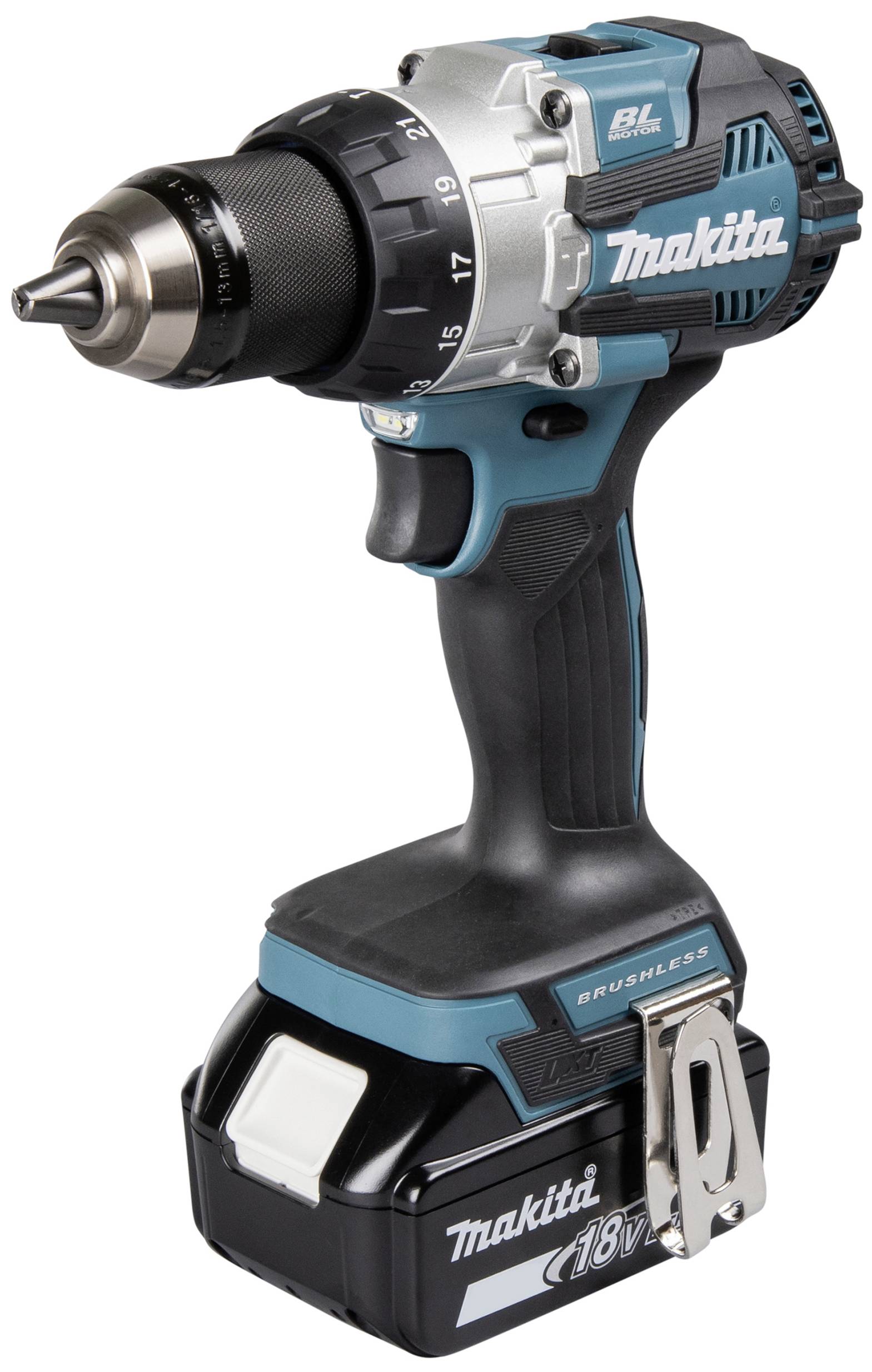 Sladdlös borrskruvdragare med 18V-batteri, blå-svart, med metallchuck och justerbart vridmoment, lämplig för hemmafixararbeten.