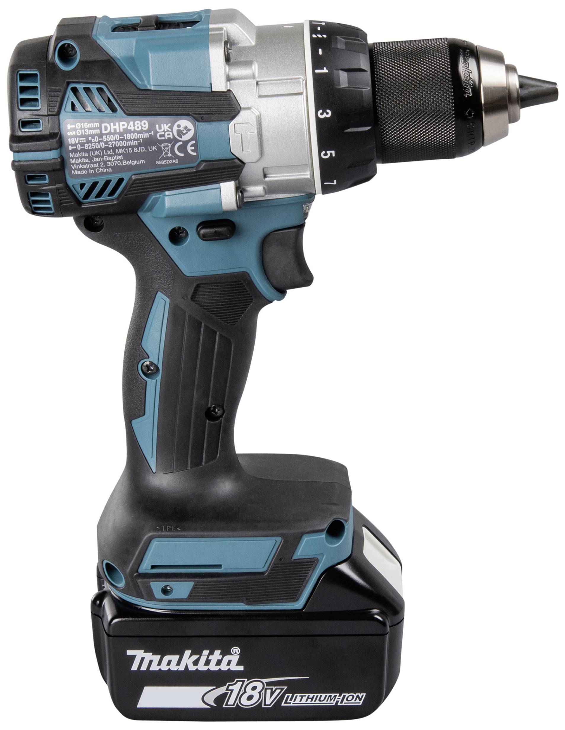 En batteridriven skruvdragare med blå-svart design och 18V litiumackumulator, perfekt för borrning och skruvning i olika material.