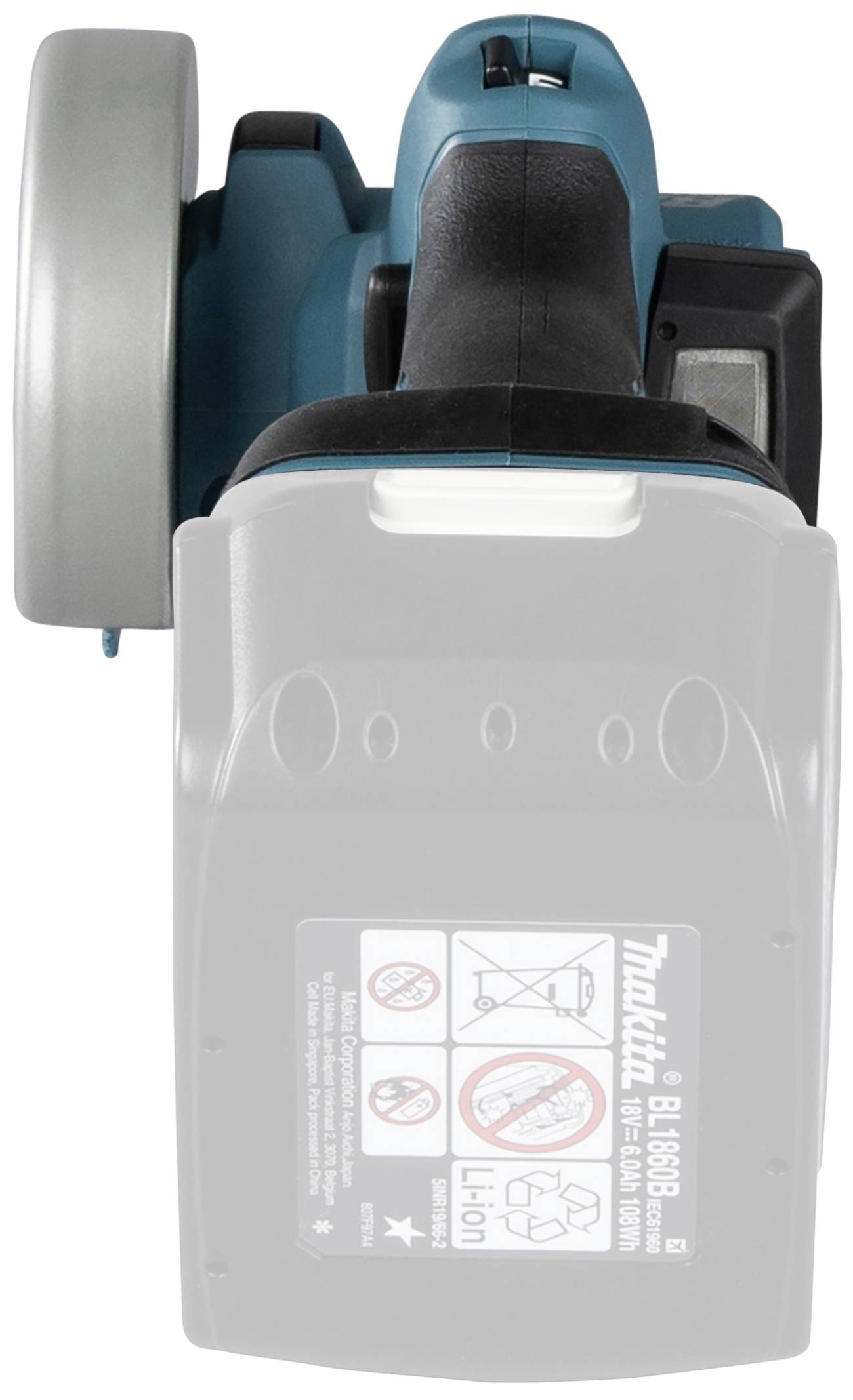 Batteridriven slipmaskin med grå skiva och svart handtag, batteri på baksidan. Märkesetikett med säkerhetsanvisningar ovanför batteriet.