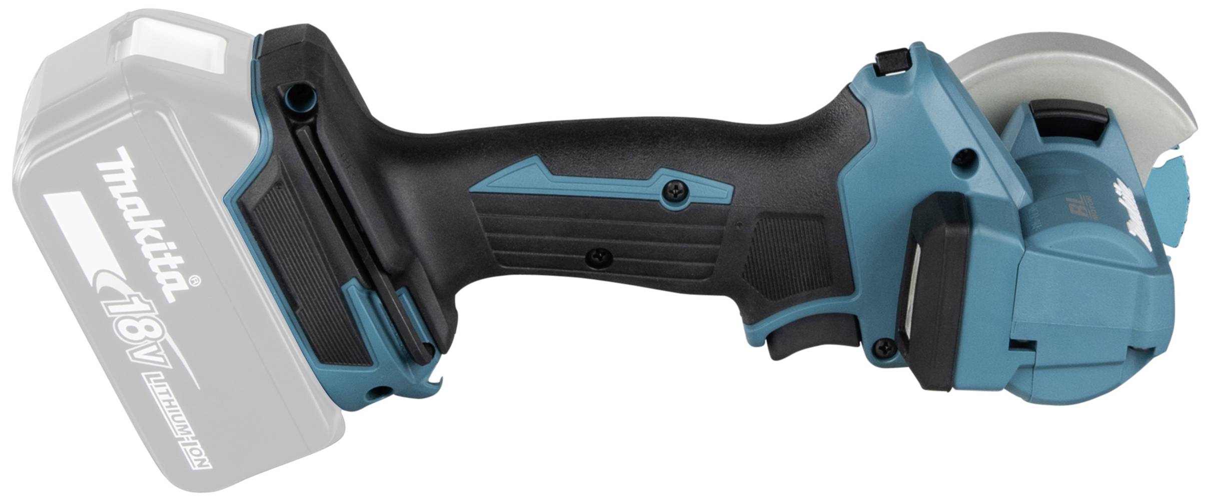 En blå-svart sladdlös slipmaskin med 18V batterifack, sedd från sidan, utan isatt batteri eller slipskiva.