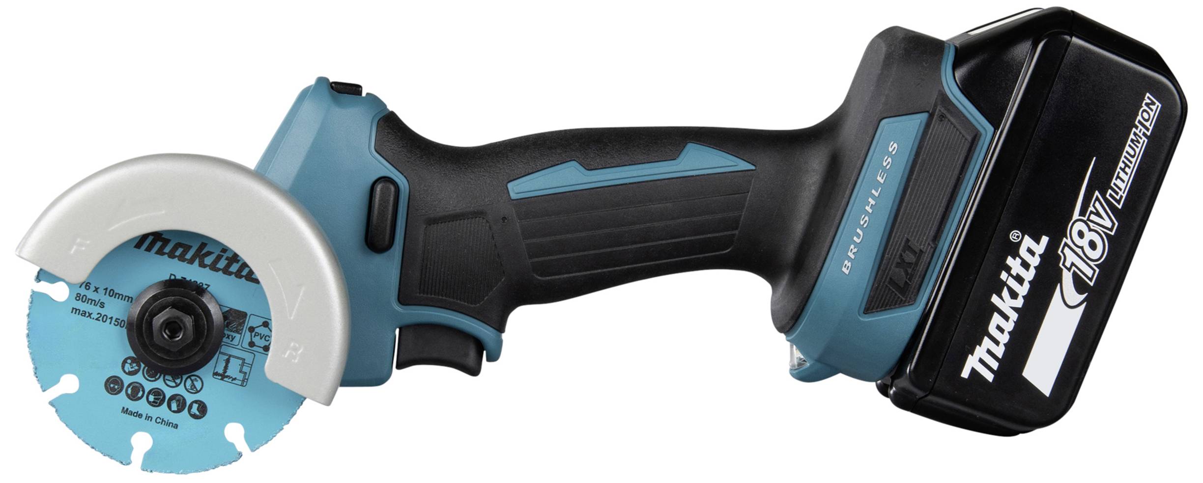 Makitas batteridriven mini-cirkelsåg med blått handtag och 18V litiumjonbatteri, lämplig för precisionskapningar.