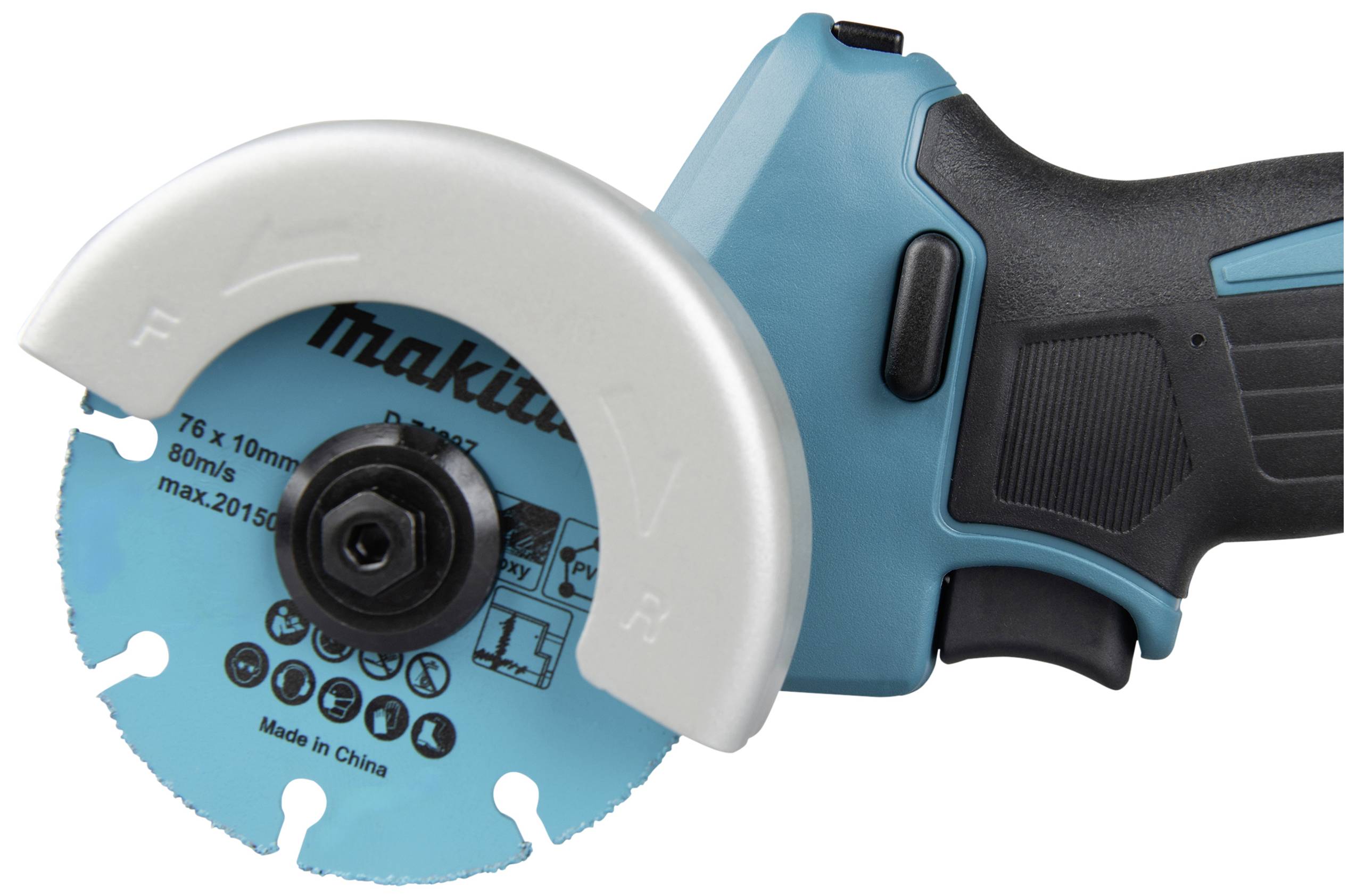 Cirkelsåg med blått hölje och svart handtag, märke avbildat på skivan, lämplig för metalliska och keramiska material.