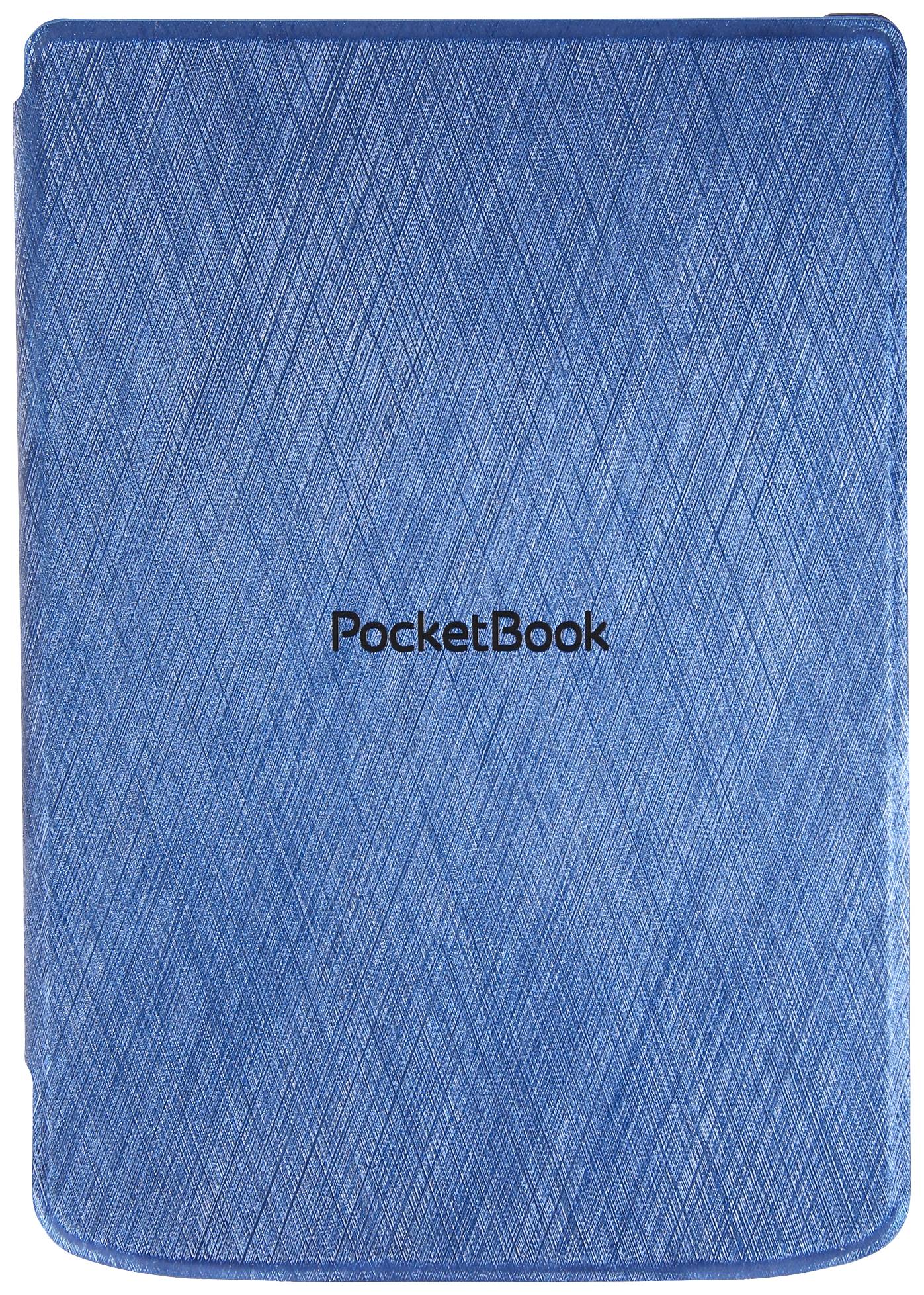 Bokfodral av blått tyg med texten 'PocketBook' i mitten.