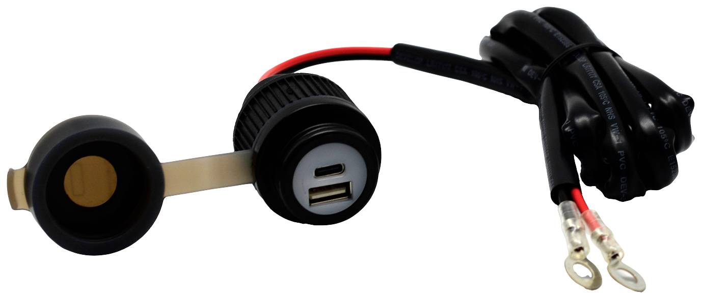 En USB-laddare med två portar och kablar, lämplig för användning i fordon. Till vänster finns ett avtagbart lock.