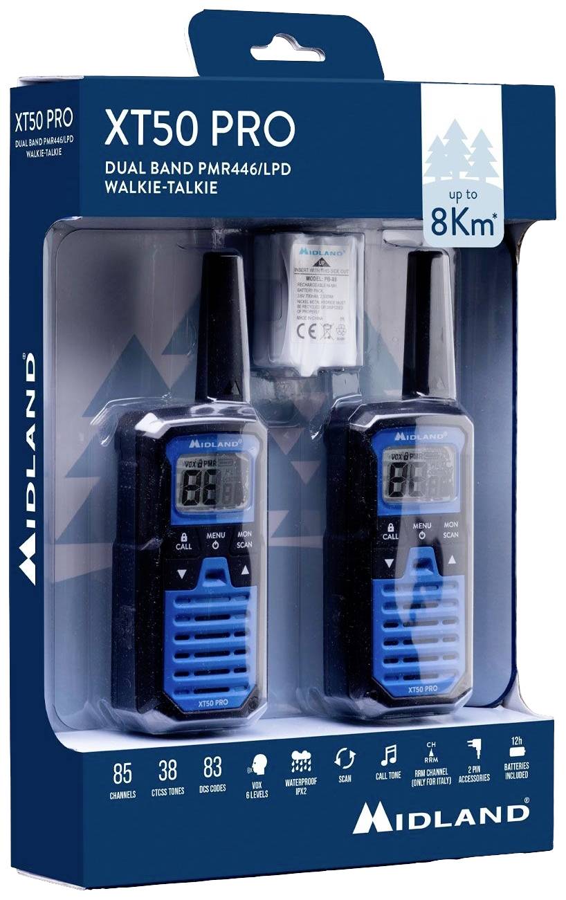 'Midland XT50 PRO' Walkie-Talkie-dubbelpack, med räckvidd upp till 8 km, utrustad med 85 kanaler. Förpackningen visar två enheter.