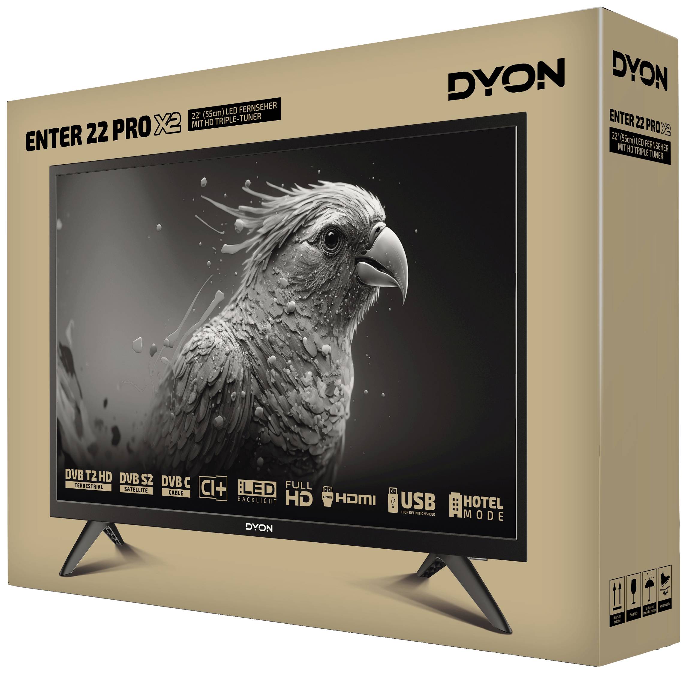 Förpackning till en DYON ENTER 22 PRO-TV med en bild av en fågel på skärmen. Innehåller funktioner som DVB T2 HD, DVB S2, CI+ och USB.