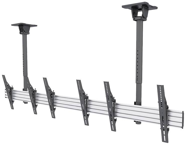 Takmonteringssystem med flera justerbara armar, lämpligt för fästande av monitorer eller skärmar.