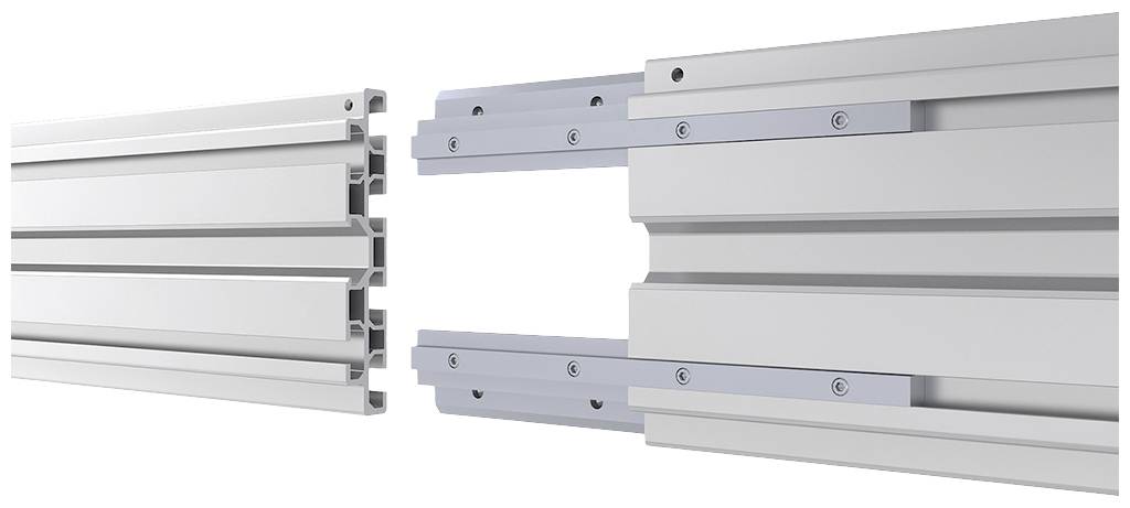 Två grå aluminiumprofildelar med förbindelseskenor som passar ihop. Lämplig för modulära ramkonstruktioner.