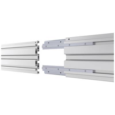Två grå aluminiumprofildelar med förbindelseskenor som passar ihop. Lämplig för modulära ramkonstruktioner.