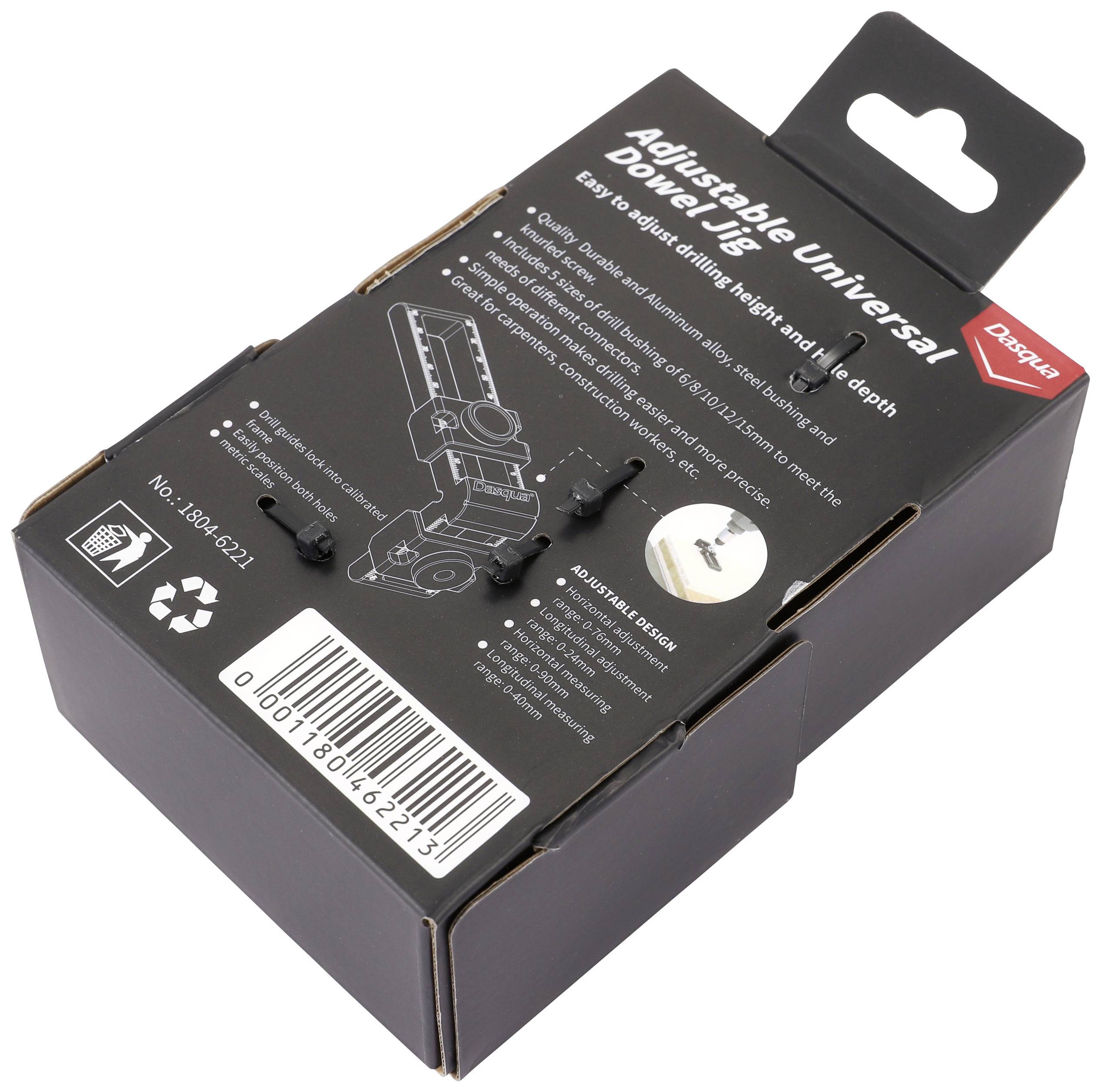 Svart förpackning för en justerbar Universal Power-lampa med produktavbildning och funktionslista på engelska.