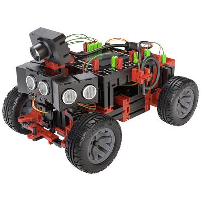 Ett robotfordon med fyra hjul, utrustat med sensorer och kabelbunden elektronik, visar upp en prototyp för teknisk utforskning.