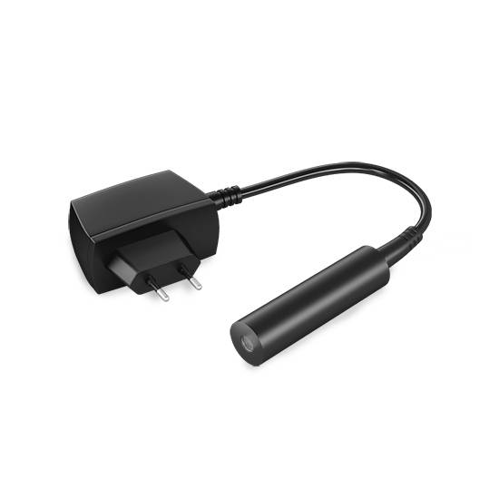 Ett svart laddare med inbyggd USB-kabel och EU-kontakt.