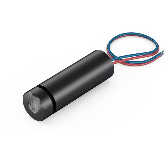 Svart cylindrisk lasermodul med två kablar (röd och blå) för strömförsörjning.