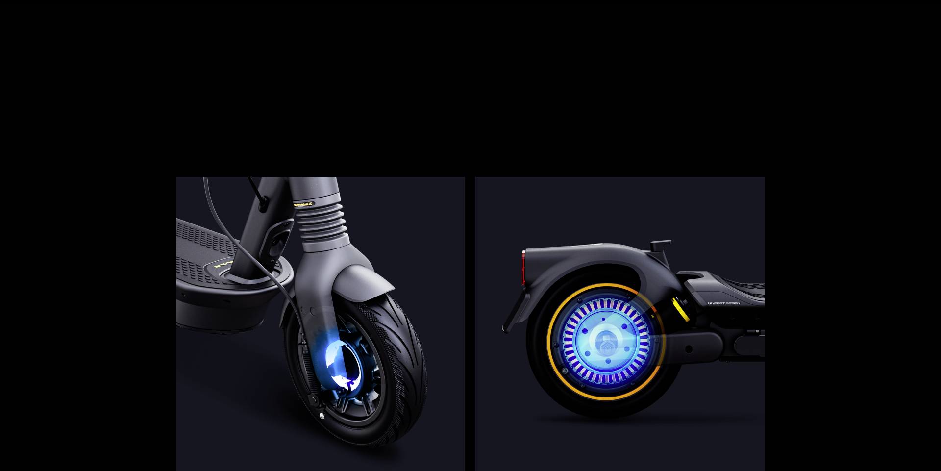 För- och bakvy av ett elskoterhjul med blått LED-ljus som framhäver tekniska detaljer och designegenskaper.