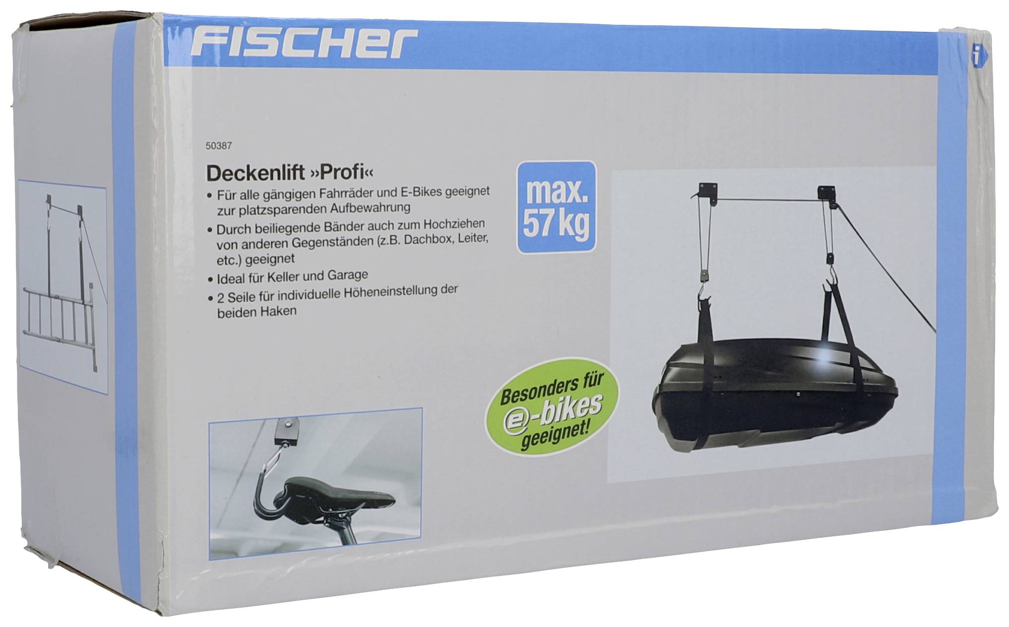 'FISCHER Taklyft', för cyklar/elcyklar, max. 57 kg, inkl. fästen. Instruktioner och krok visas.