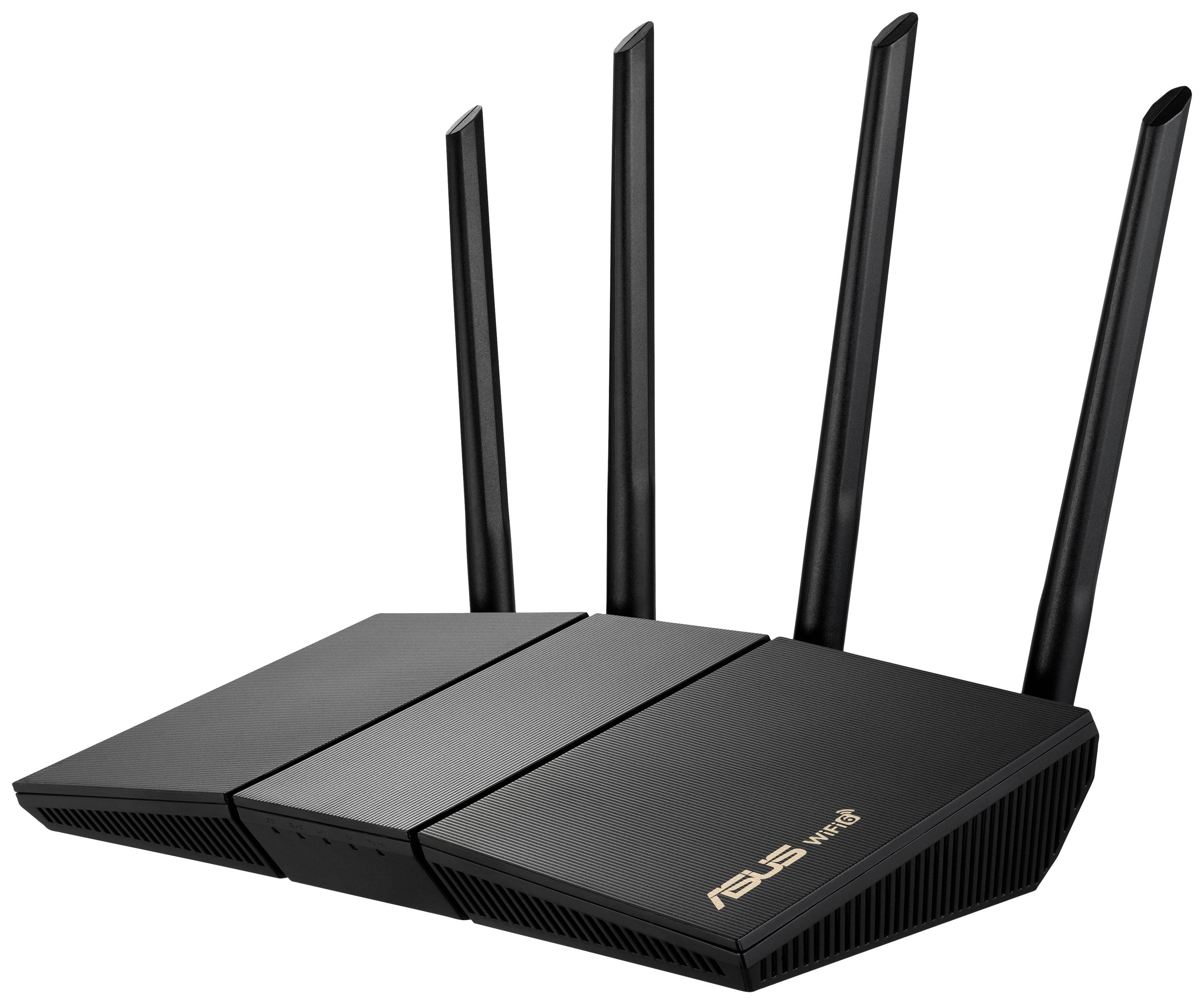 En svart WLAN-router med fyra antenner lutande bakåt. På framsidan står det 'ASUS Wi-Fi 6'.