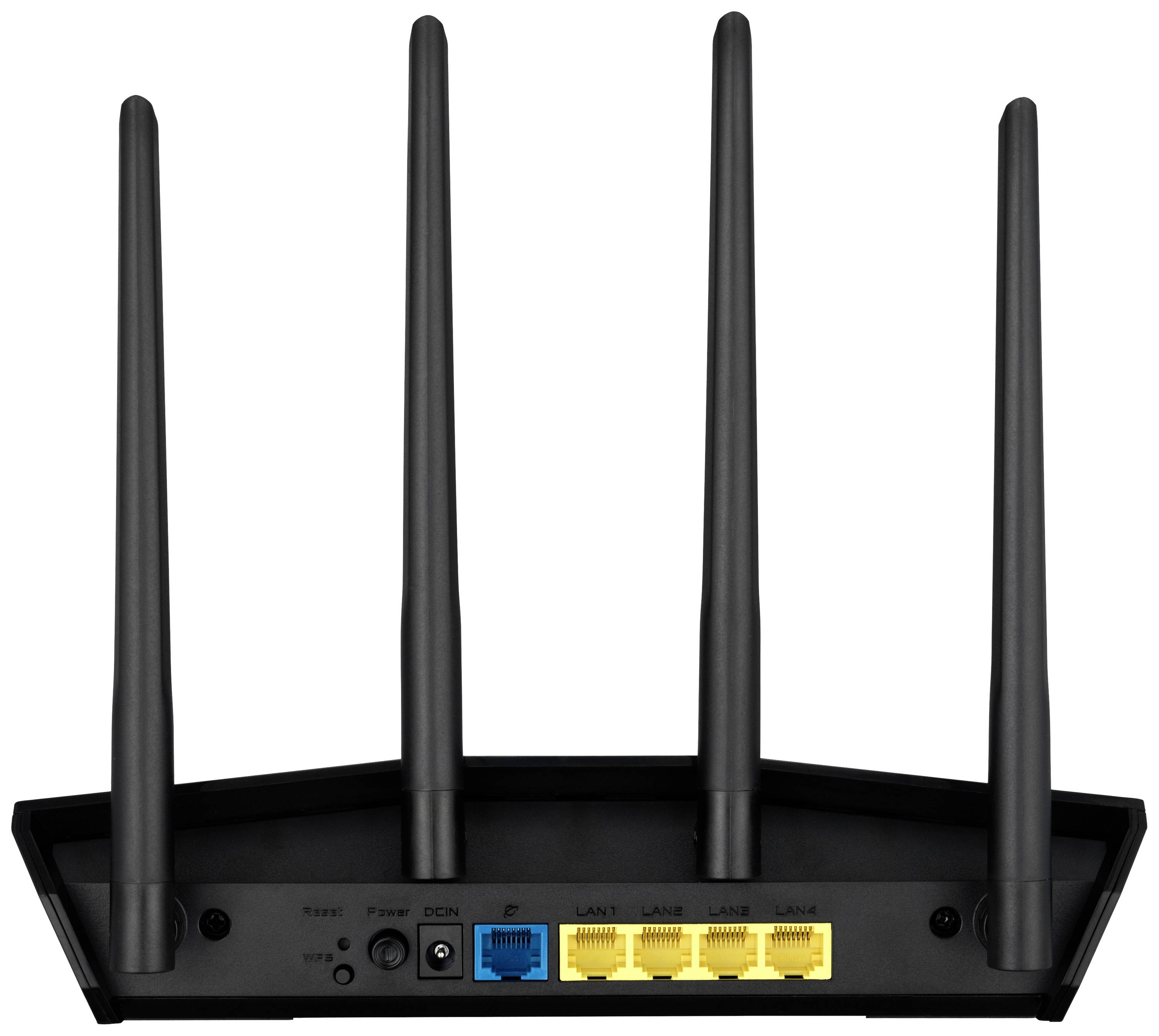 En svart WLAN-router med fyra antenner; en blå internetanslutning och fyra gula LAN-portar är synliga på baksidan.
