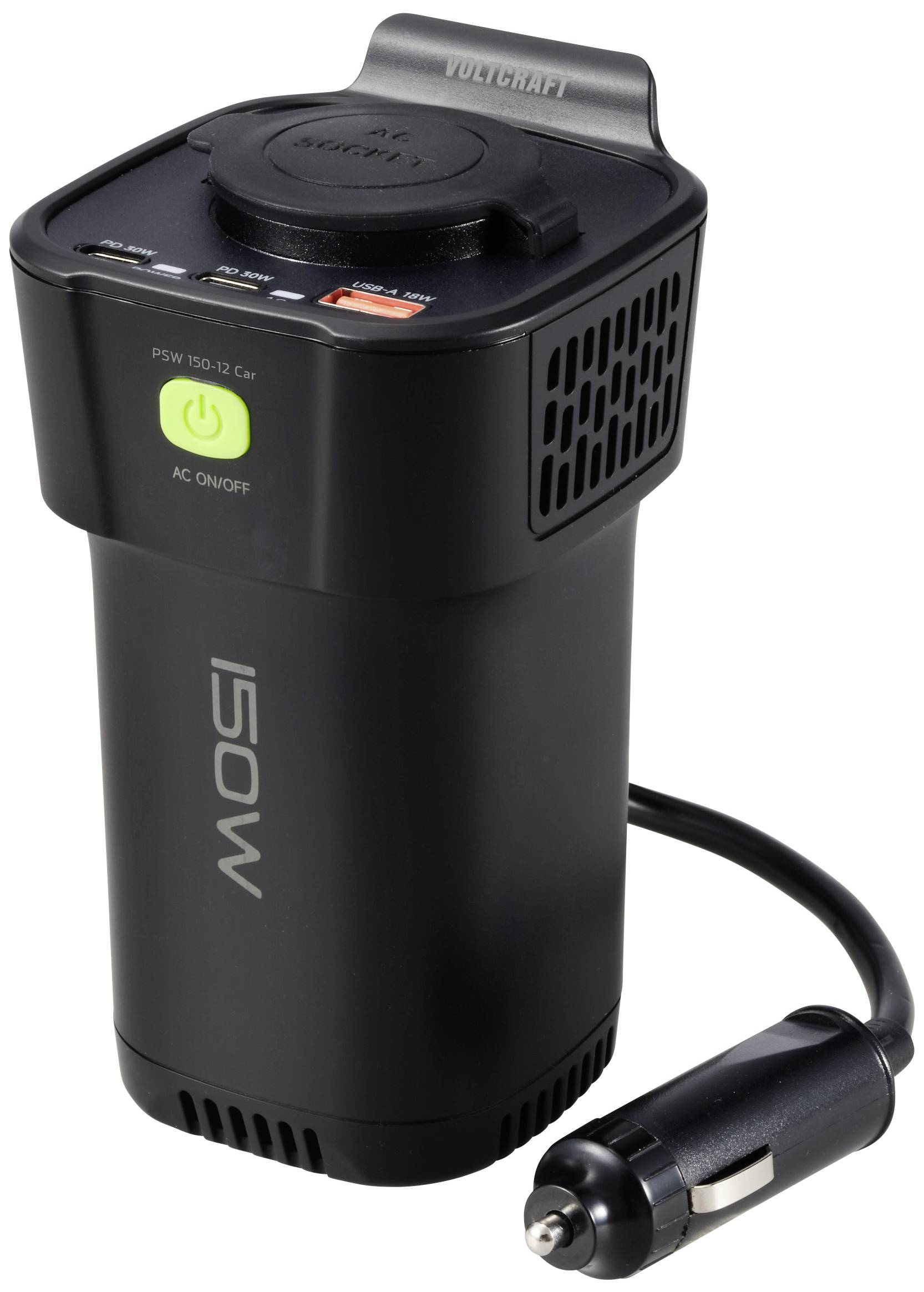 En svart 150-watts växelriktare med grön på-/avbrytare, USB- och uttag samt en billaddningsadapterkabel.