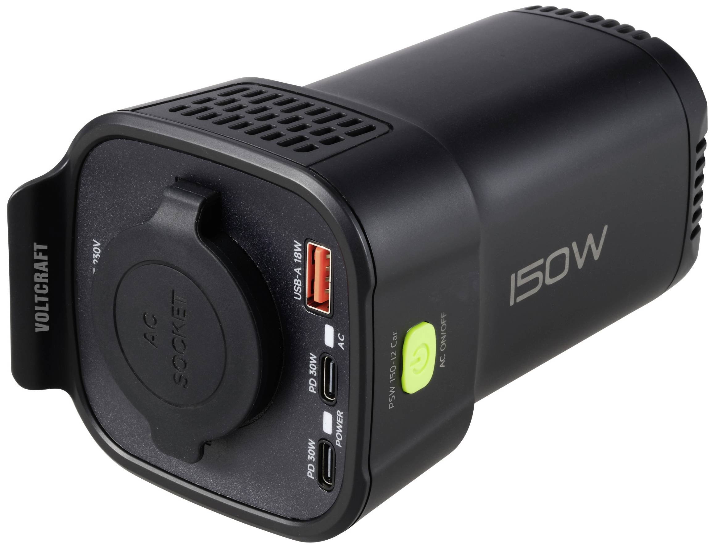 En bärbar spänningsomvandlare med 150W-märkning, flera USB-portar och en nätströmbrytare, lämplig för strömförsörjning under resor.