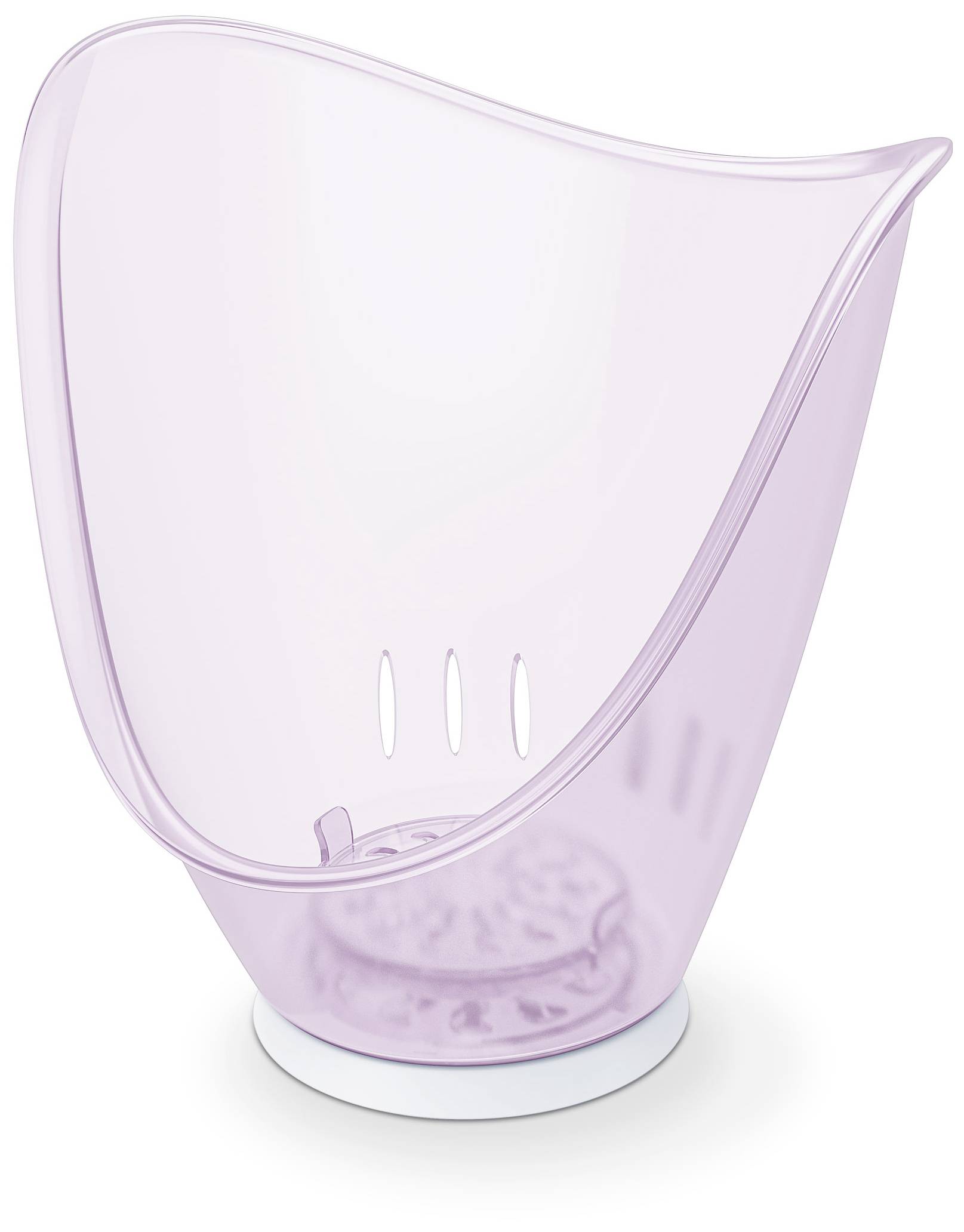 Rosa ansiktssauna med transparent skål och oval öppning, används för ångande inandning, står på en vit sockel.