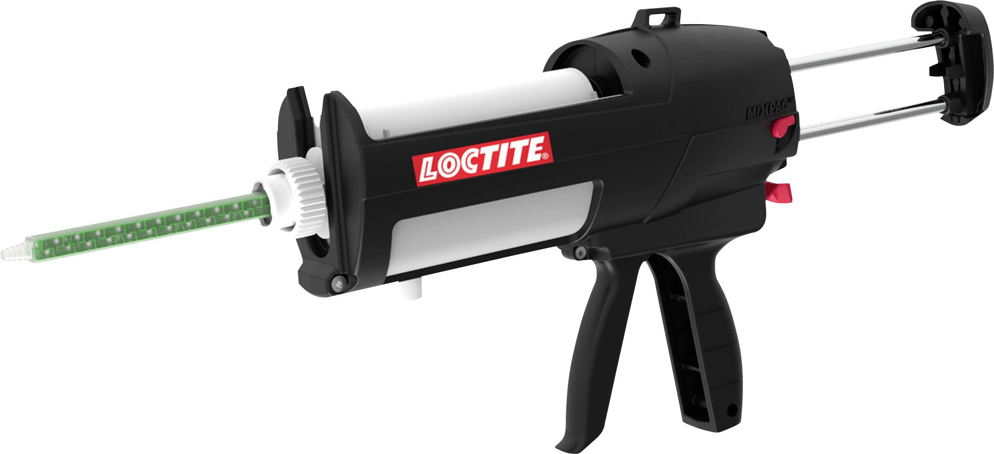Handhållen elektrisk dispenseringsgenväär märkt "Loctite" med en avtryckarmekanisme och munstycke för limapplikation.