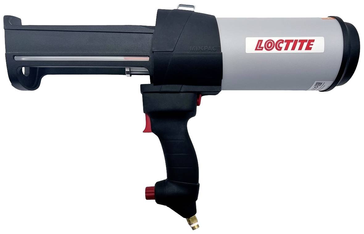 En grå och svart patronpistol för hantverk med Loctite-logotyp på patronen, lämplig för tätningsmedelsapplikationer.