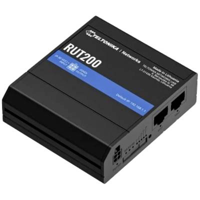 En svart router med två Ethernet-portar. Märkt 'RUT200' och tillverkarens namn överst. Standard-IP är 192.168.1.1.