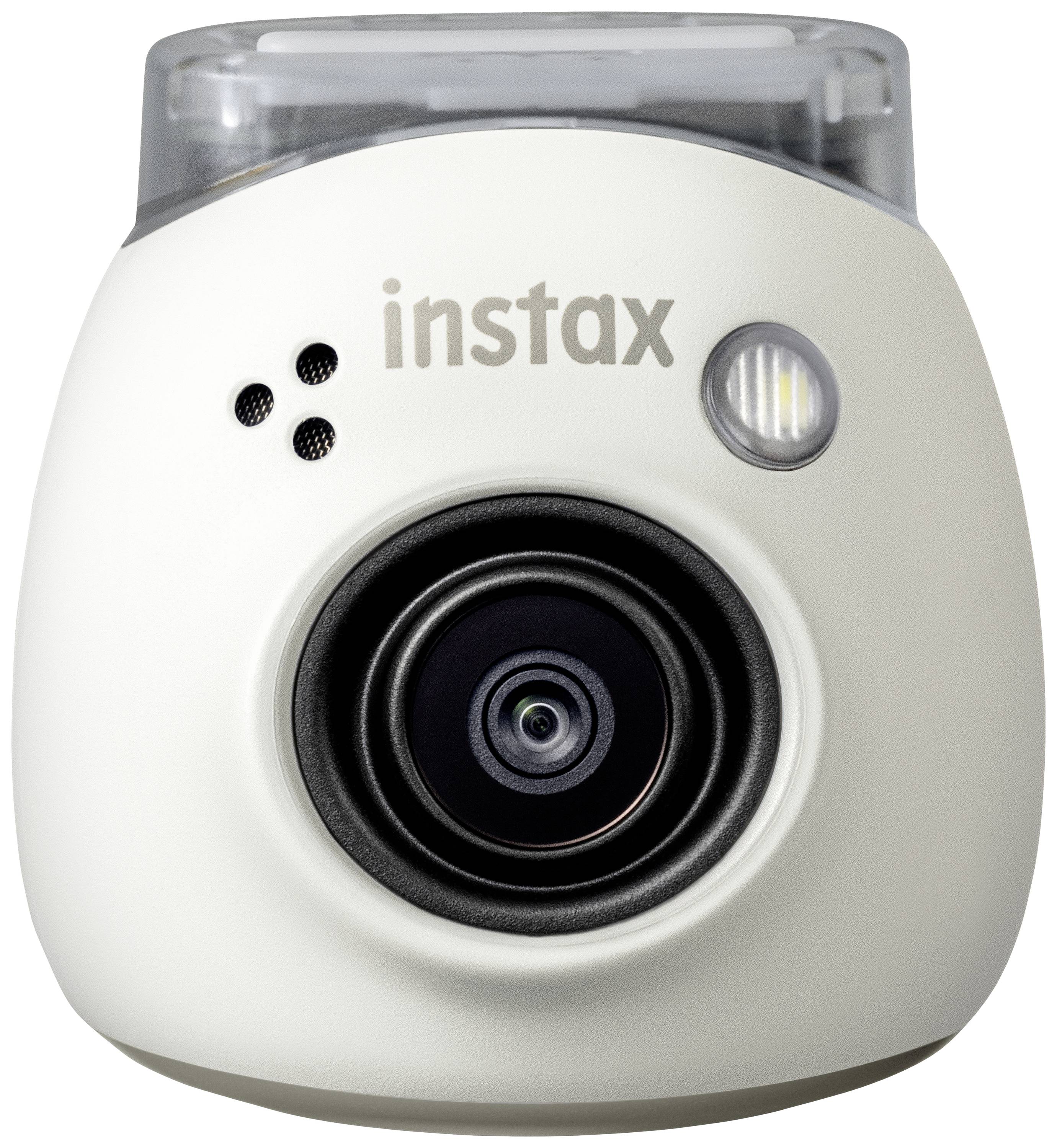 Vit direktbildskamera med ett stort objektiv i mitten och 'instax'-logotypen överst.