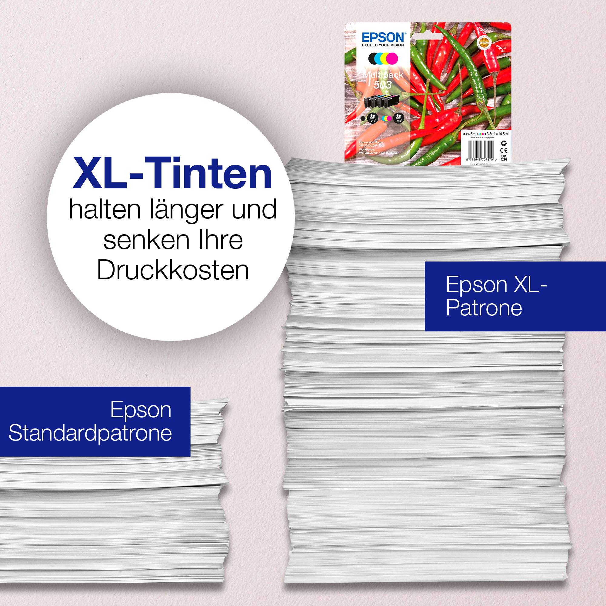 Två pappersstaplar i jämförelse: Till vänster 'Epson standardpatron', till höger 'Epson XL-patron' med fler ark. Text: 'XL-bläckpatroner håller längre och sänker dina utskriftskostnader'.