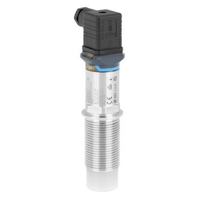 En cylindrisk sensor med metallgänga och svart plastanslutning. Den har CE-märkningar och teknisk tryckt text.