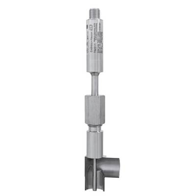 En silverfärgad rostfri stålkomponent med cylindrisk form och gängade anslutningar, sannolikt en sensor eller en teknisk komponentdel.