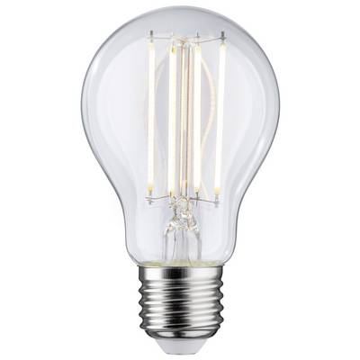 En glödlampa med synliga filament och silvrig sockel, lysande, mot en vit bakgrund.