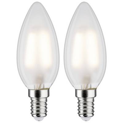 Två LED-glödlampor med E14-sockel, i ljusstaksform, bredvid varandra, lysande. Lämpliga för dekorativ belysning.