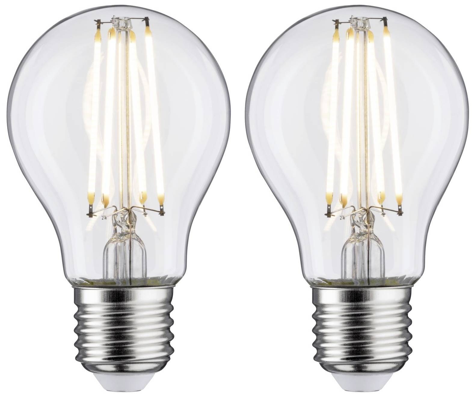 Två identiska LED-glödlampor med synliga filament, båda avslagna. De står bredvid varandra framför en neutral bakgrund.