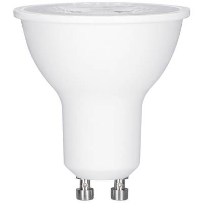 En vit LED-glödlampa med GU10-sockel, lämplig för energieffektiv belysning, avbildad på en transparent bakgrund.