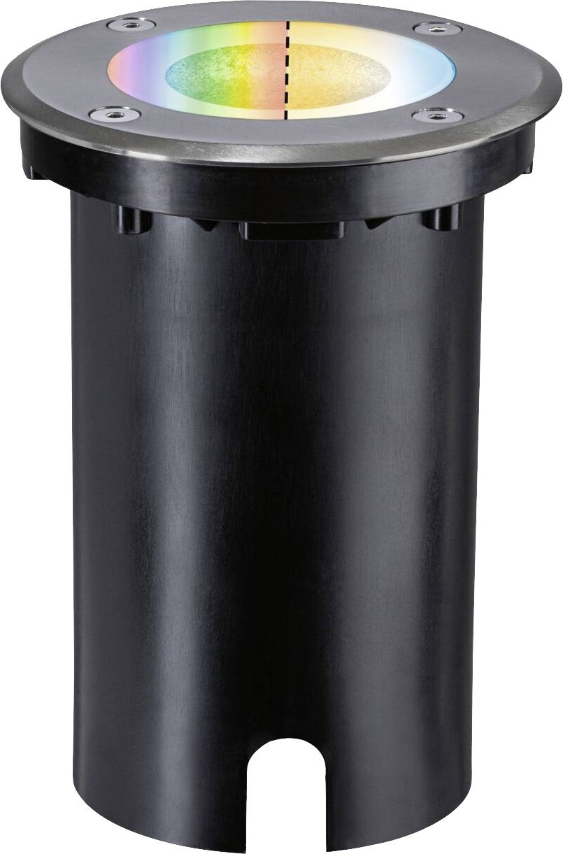 Svart cylinderformad enhet med ett fäste överst som innehåller ett färgat lysande element.