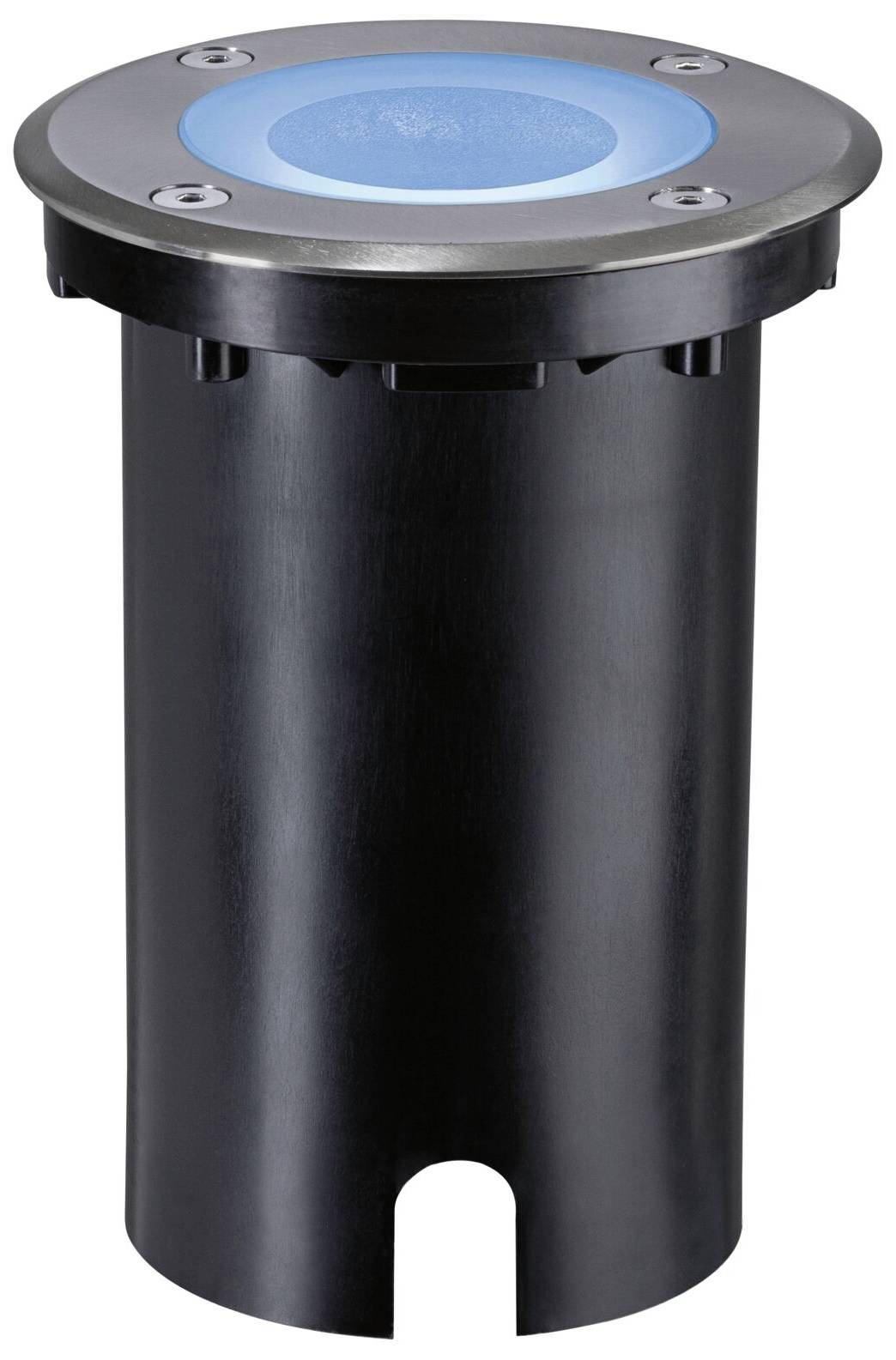 Svart golvlampa med blått ljus och silvrig kant, lämplig för utomhusbruk.