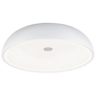 Rund, vit taklampa med platt, modernt design och central sensor.